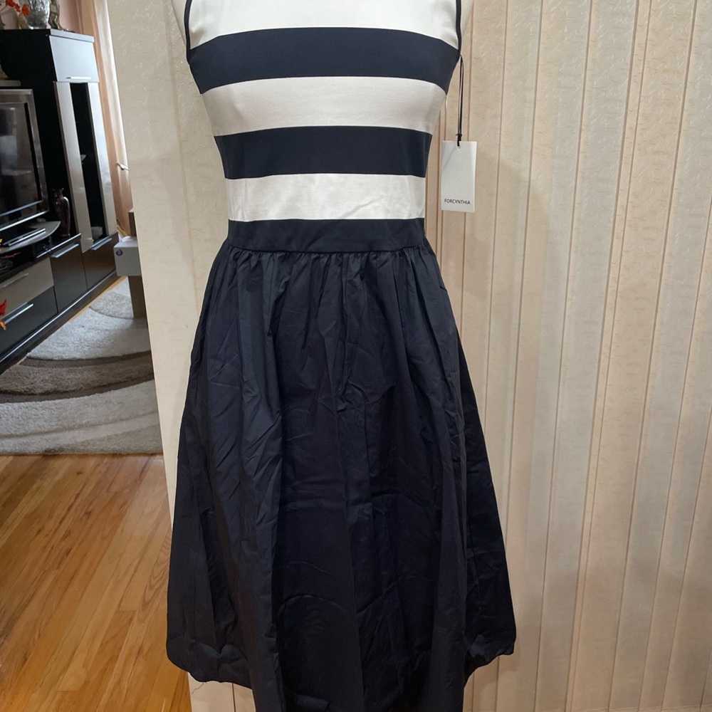 For Cynthia Black and White Striped Midi Dress
